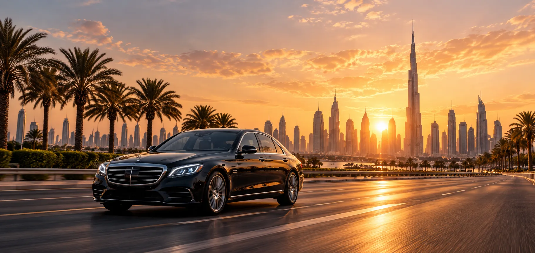 Chauffeur service in Dubai at sunset