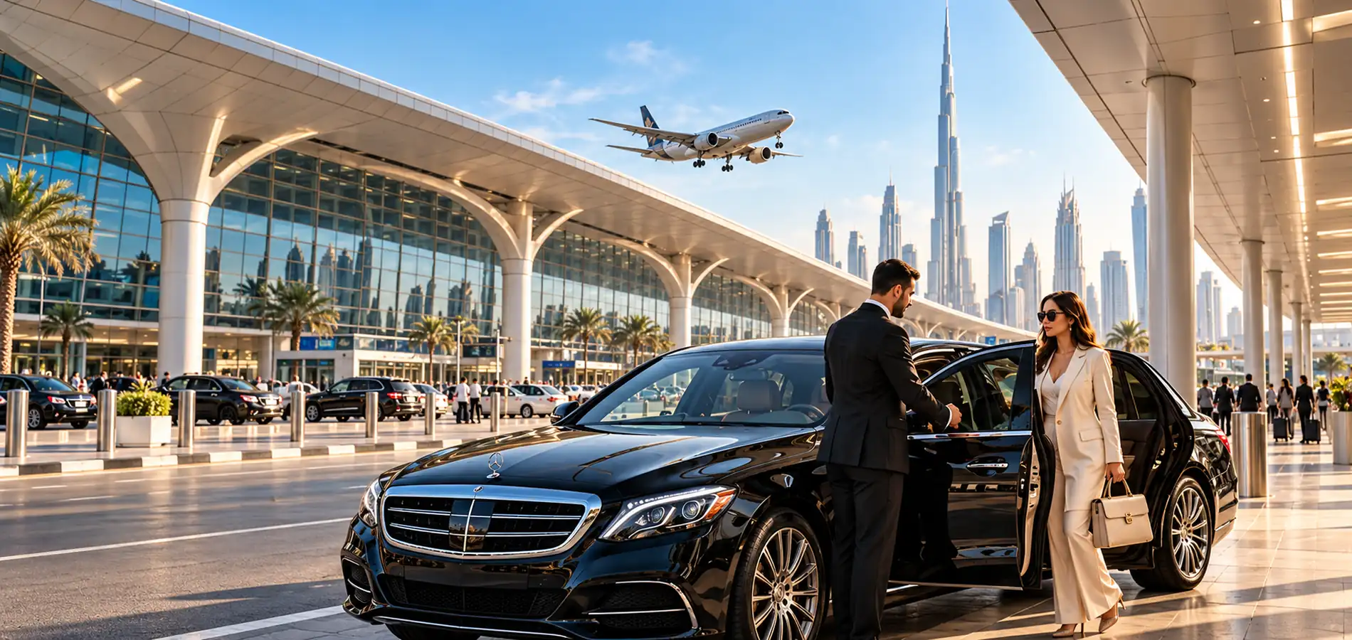 Dubai airport transfer chauffeur opening the car door for a guest outside Dubai Airport arrivals