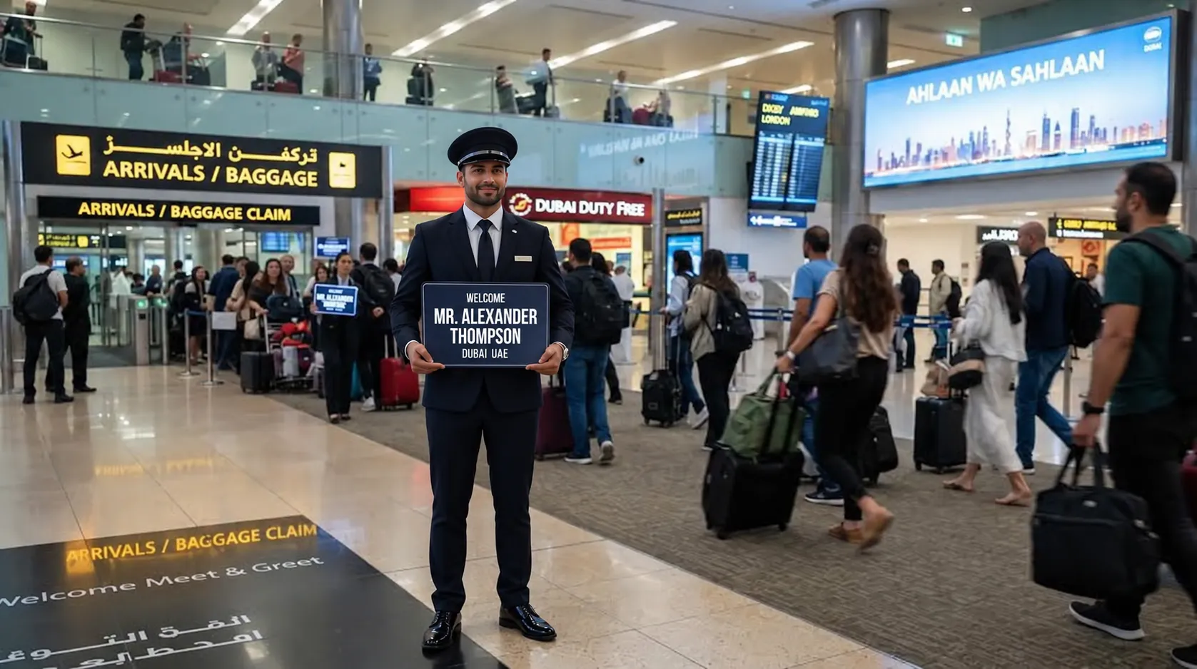 Chauffeur holding a name sign in the Dubai Airport arrivals hall