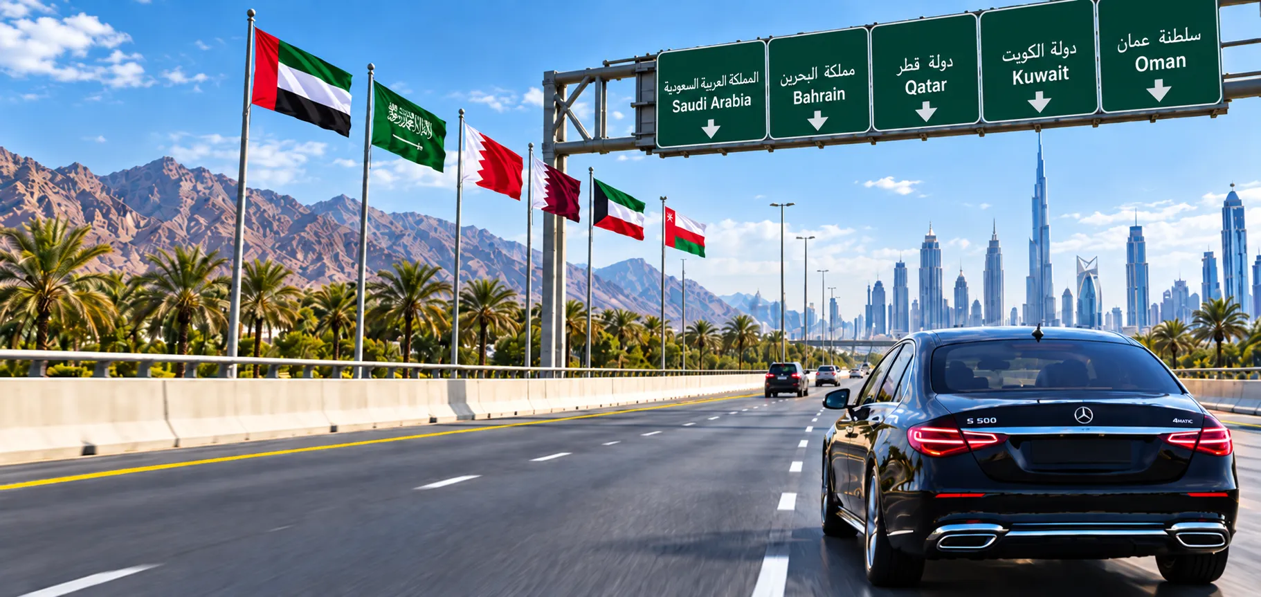 inter GCC chauffeur transfer from Dubai on a GCC highway at sunset
