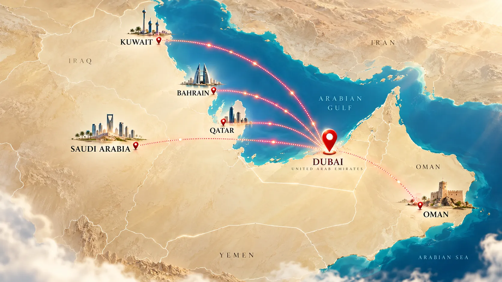 Map of chauffeur routes from Dubai to Oman, Saudi Arabia, Qatar, Bahrain and Kuwait