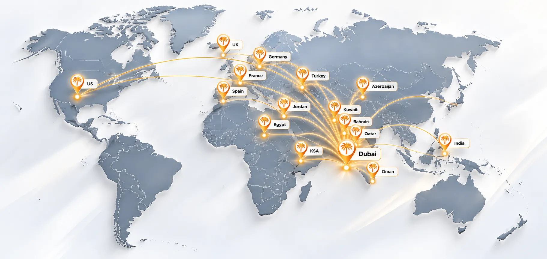 World map with pins showing chauffeur service destinations connected to Dubai, including the US, UK, Germany, France, Turkey, Saudi Arabia, Qatar and India