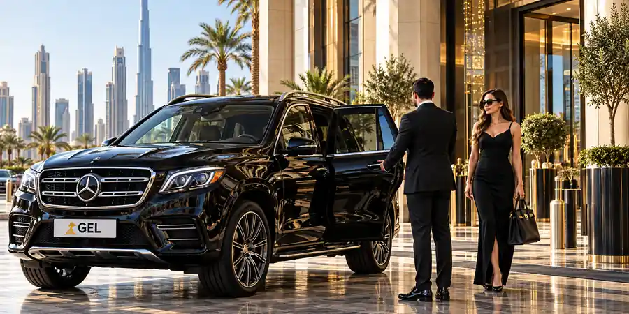 Chauffeur assisting guests from a GMC Yukon outside a Dubai hotel