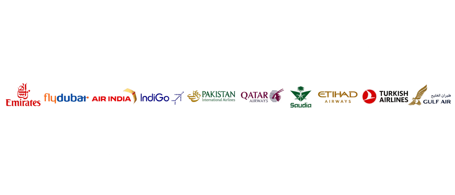 Airlines available through GEL Travel: Emirates, flydubai, Air India, IndiGo, Pakistan International Airlines, Qatar Airways, Saudia, Etihad Airways, Turkish Airlines and Gulf Air