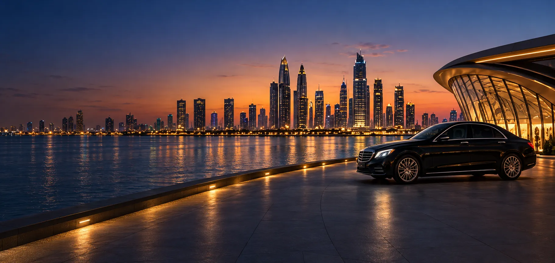 Luxury sedan by the waterfront at twilight